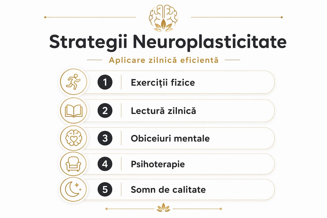 Infografic pe verticală cu cele mai eficiente metode pentru stimularea neuroplasticității