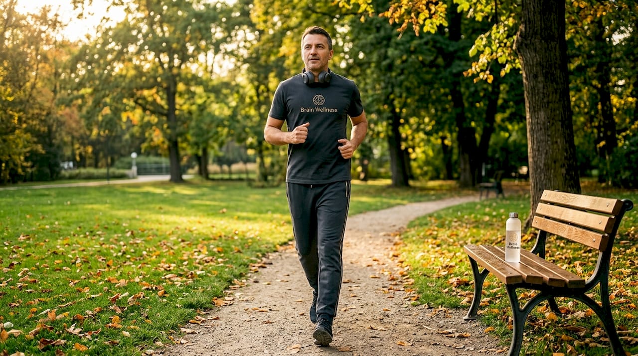 Un bărbat aleargă liniștit prin parc, printre frunzele ruginii ale toamnei.
