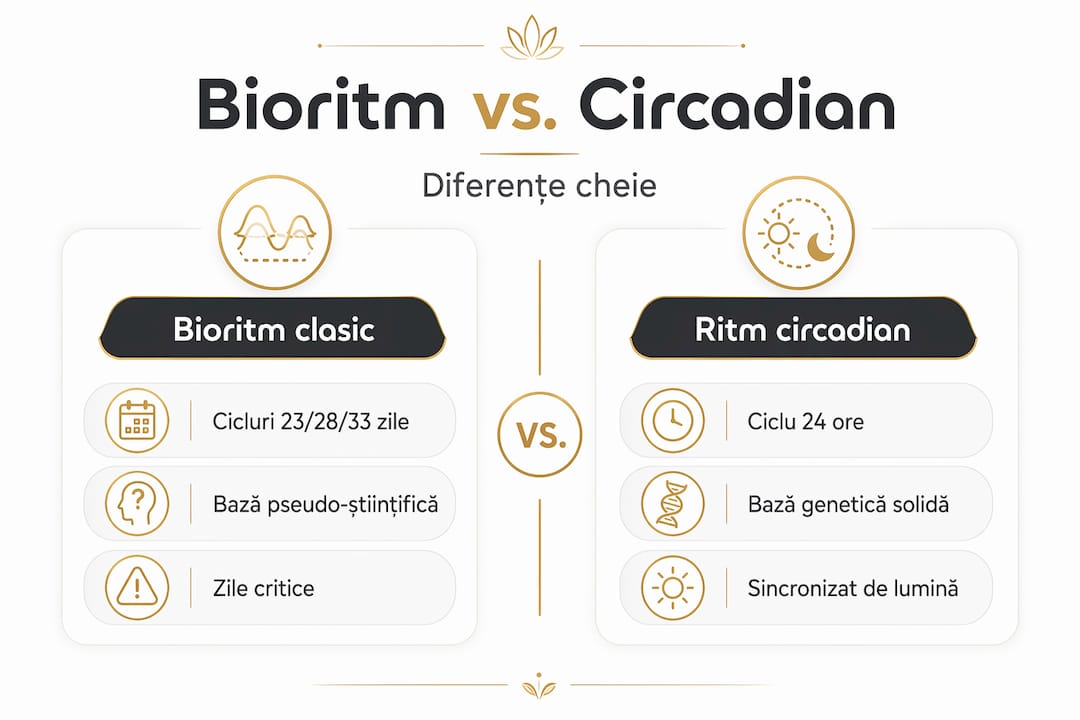 Infografic care pune față în față bioritmul și ritmul circadian, evidențiind principalele diferențe și asemănări dintre cele două.