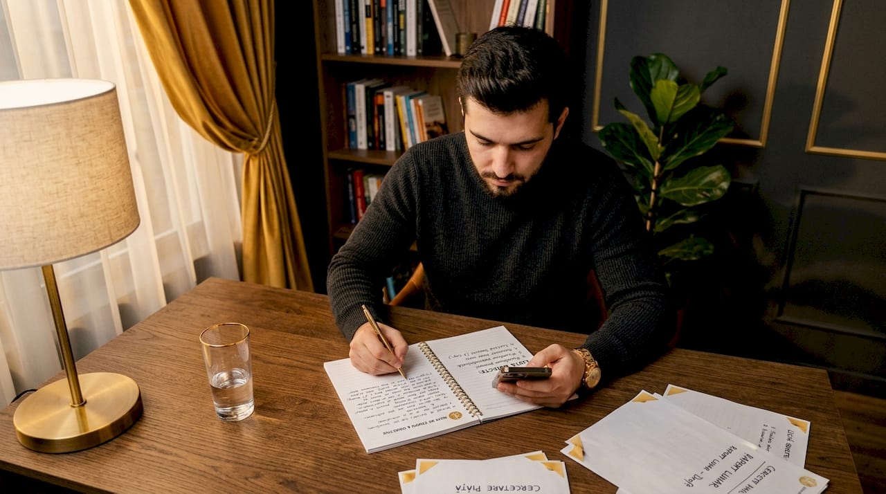 Un tânăr își notează ceva într-un caiet și se uită la telefon pentru informații suplimentare.