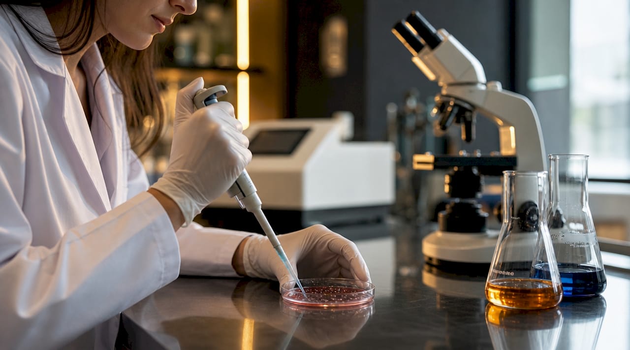 Cercetătorii lucrează cu diverse aparate și echipamente în laboratorul de biologie.
