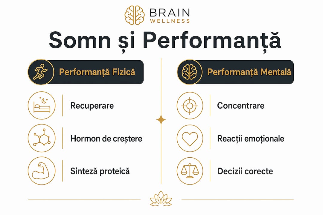 Infografic care arată cum influențează somnul atât randamentul fizic, cât și pe cel mental