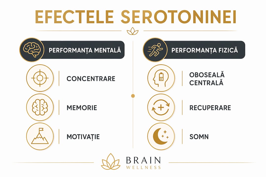 Infografic care ilustrează modul în care serotonina influențează performanța mentală și fizică