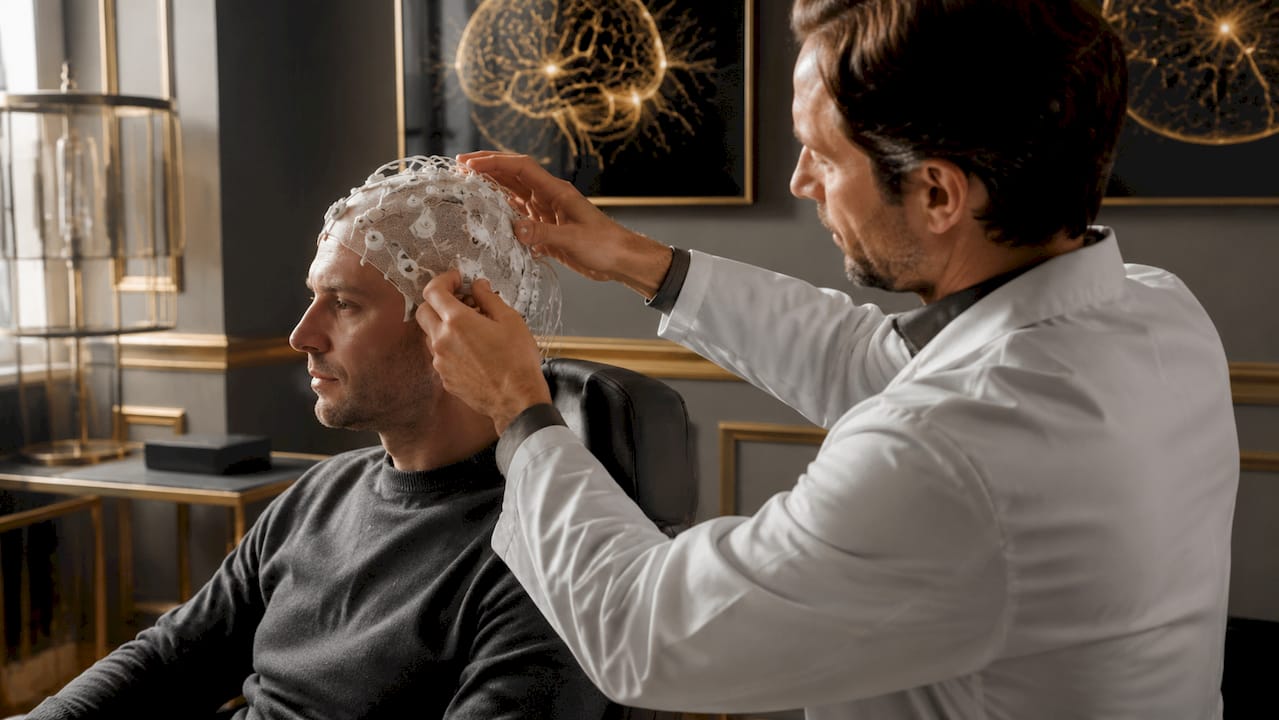 Un specialist ajustează casca EEG pe capul unui participant, într-un cabinet medical.
