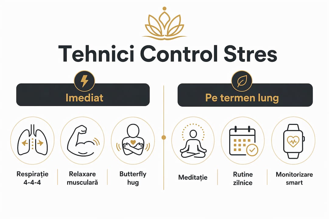 Infografic: metode eficiente de gestionare a stresului – soluții rapide versus strategii pe termen lung