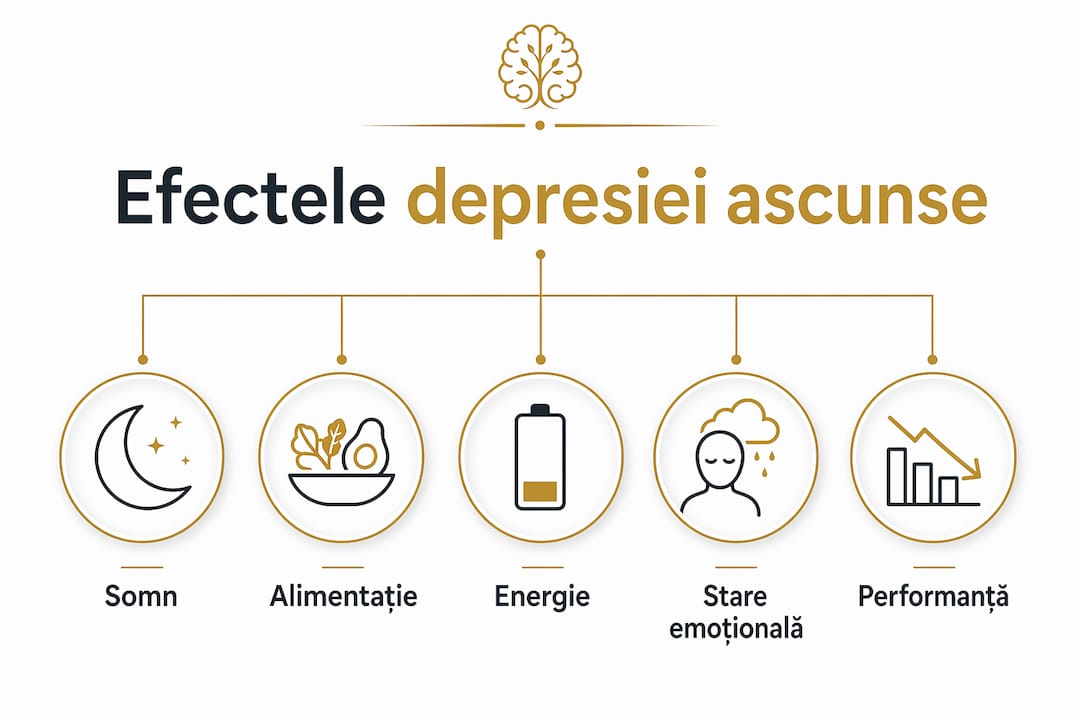 Infografic care prezintă, pe niveluri, manifestările depresiei nedeclarate