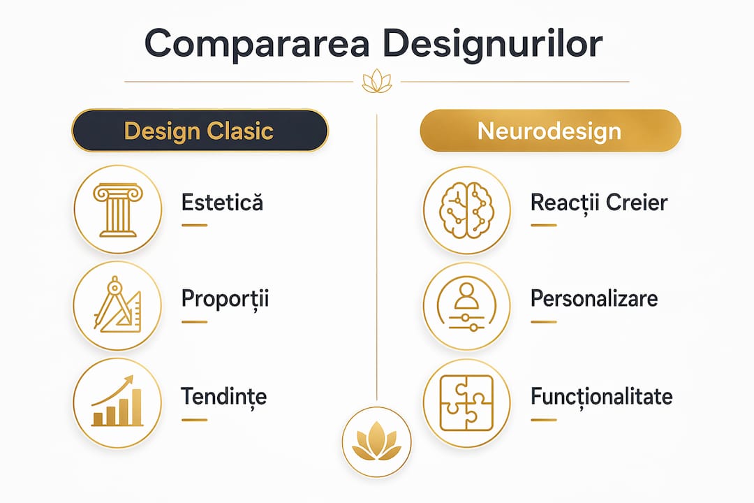 Infografic despre diferențele dintre designul tradițional și neurodesign – o comparație vizuală a abordărilor în conceperea spațiilor și elementelor grafice.