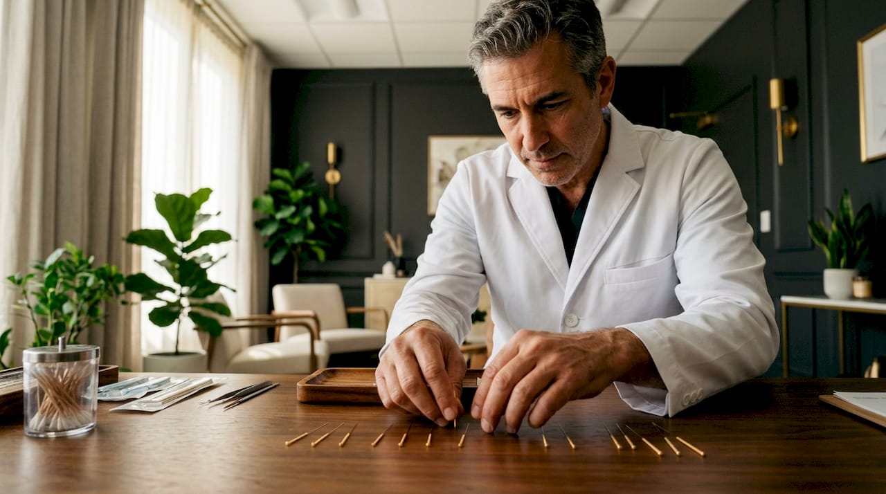 Un specialist în acupunctură pregătește acele pentru o nouă ședință, în cabinetul său.
