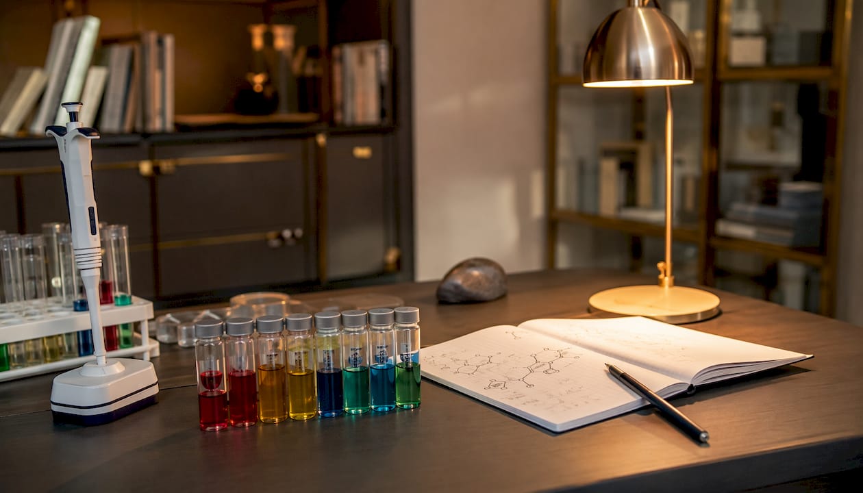 Fiole colorate pline cu substanțe care stimulează neurotransmițătorii, pregătite în laborator