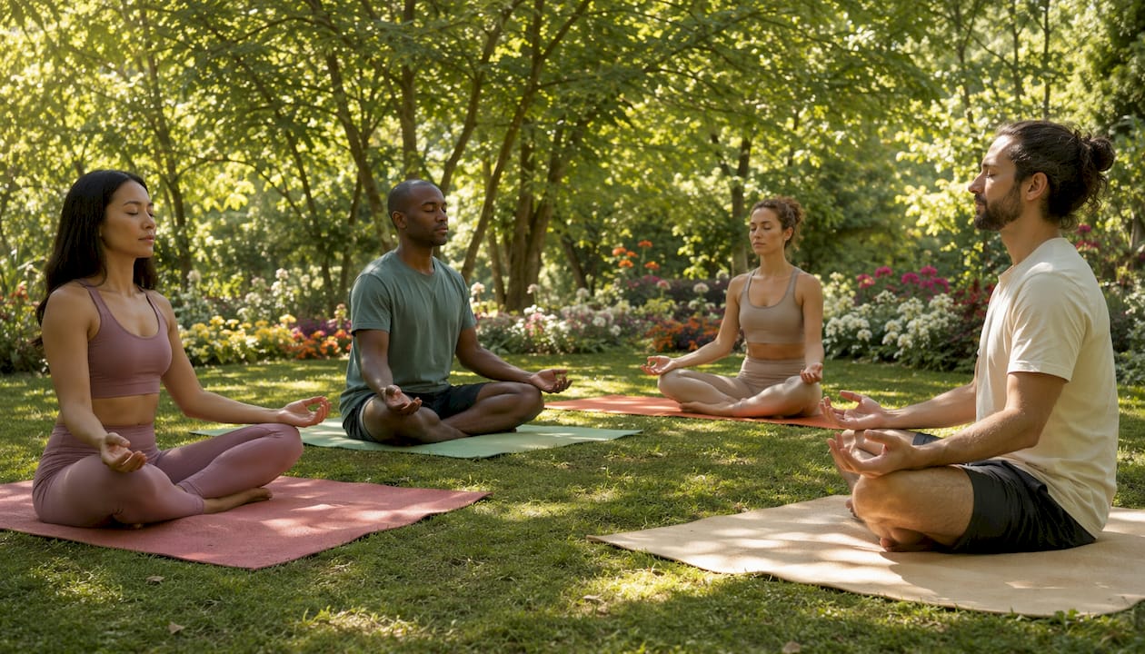 Un grup de oameni practică mindfulness în parc, dis-de-dimineață, bucurându-se de liniște și aer curat.