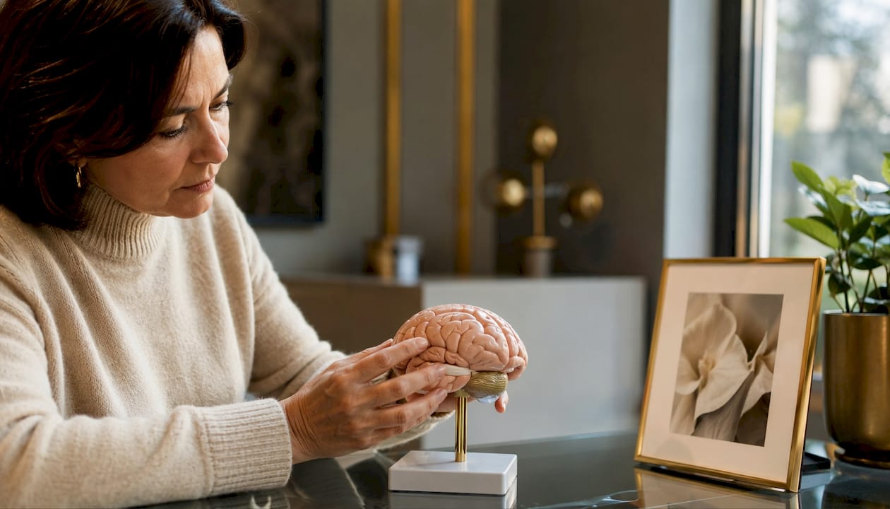 Două mâini țin un model de creier, evidențiind traseele serotoninei.