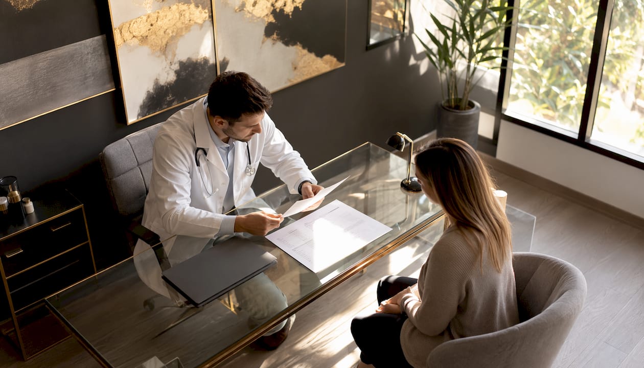 Medicul discută cu pacientul în cabinet, oferindu-i sfaturi și răspunsuri la întrebări legate de sănătate.