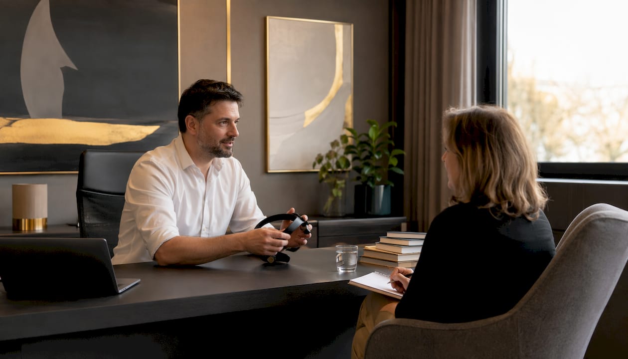 Terapeutul specializat în neurofeedback poartă o discuție cu clientul său