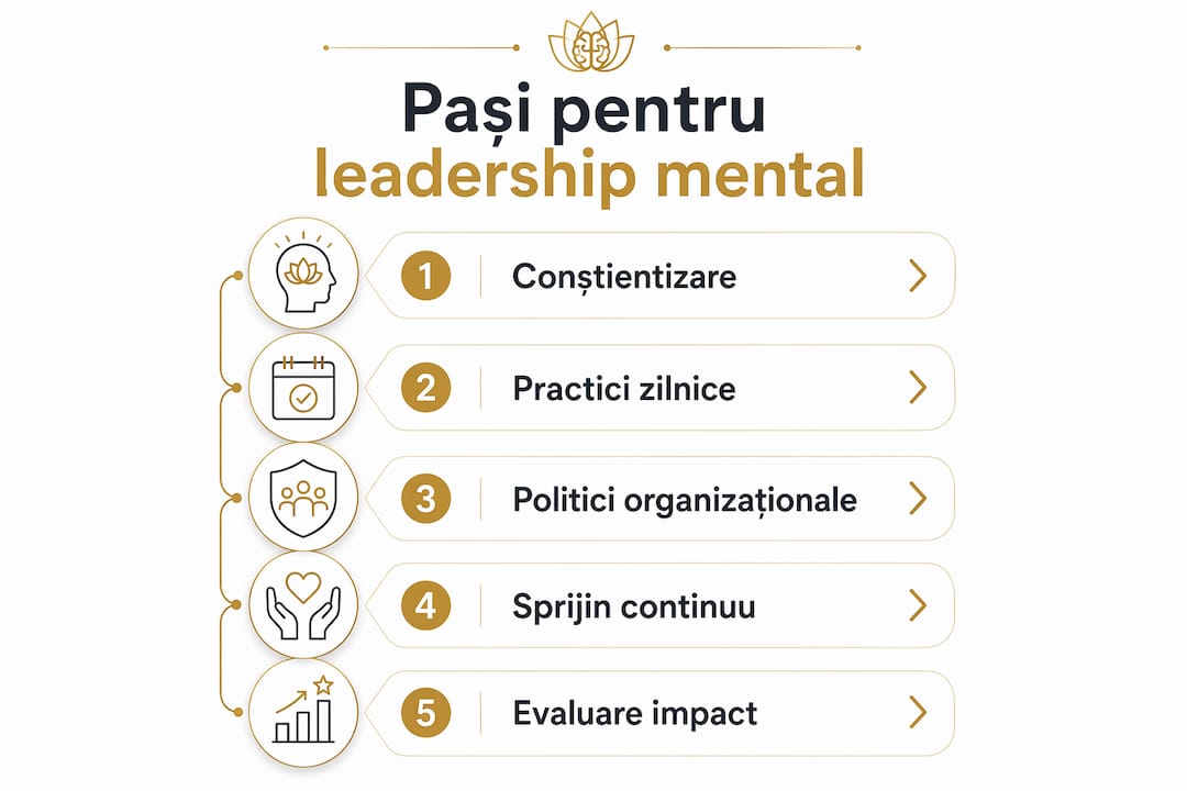 Infografic care prezintă pașii esențiali pentru a deveni un lider autentic, pornind de la sănătatea mentală.