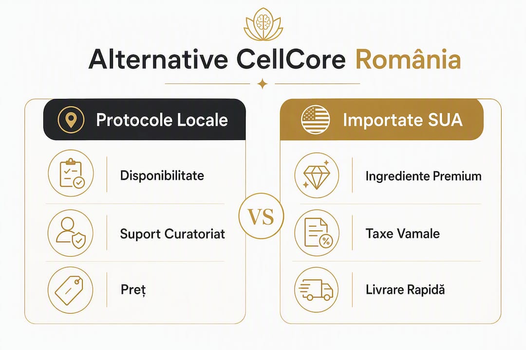 Infografic care analizează și compară două game alternative de produse CellCore disponibile pe piața din România