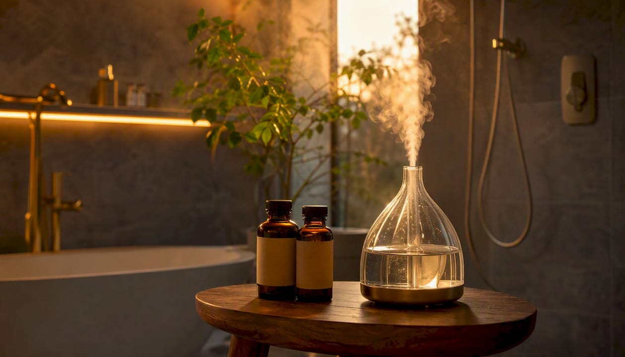 Colț dedicat sănătății, cu suplimente și difuzor de aromaterapie