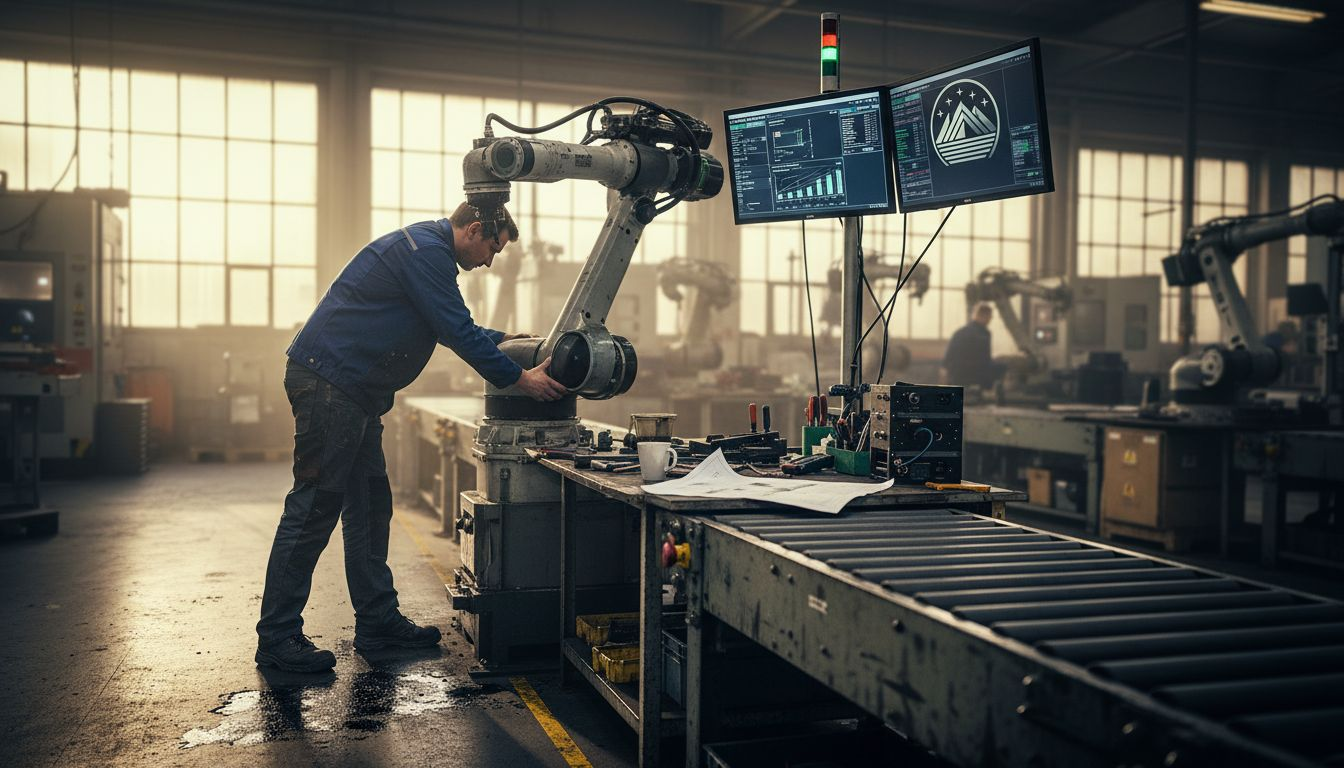 En tekniker finjusterar en robotarm på fabriken.
