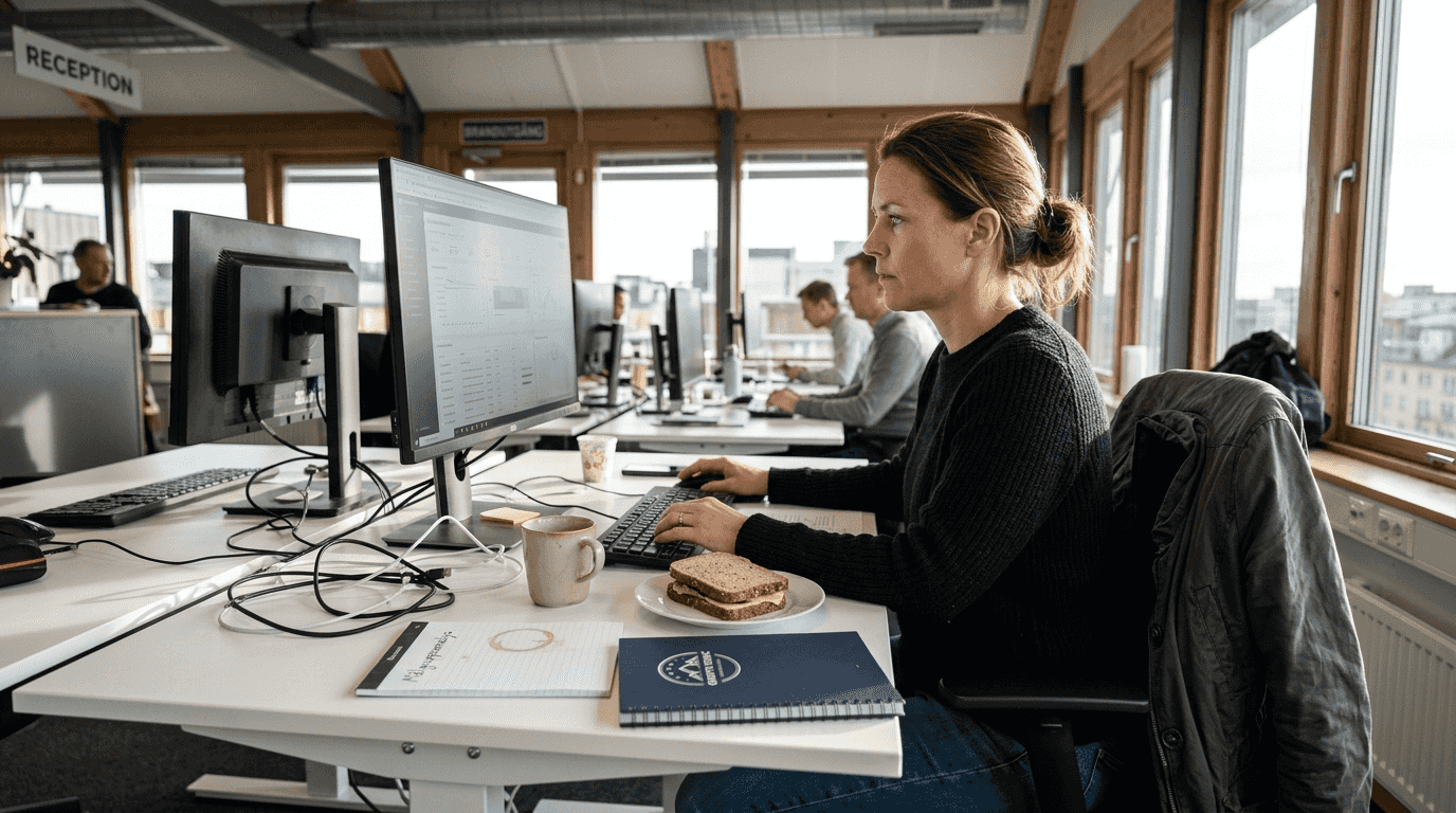 Produktchefen sitter broadcast soppa framför datorn på techkontoret och jobbar.