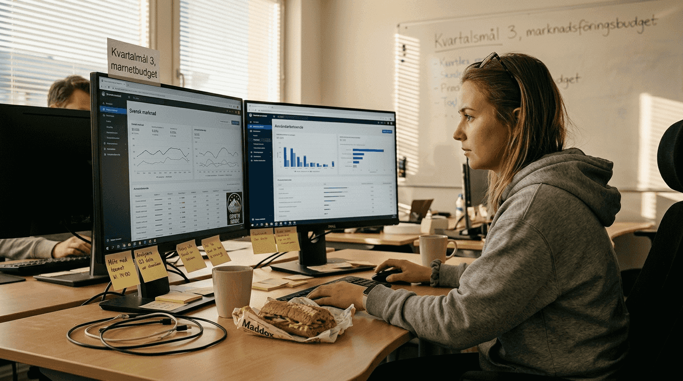En dataanalytiker går igenom marknadsföringsrapporter vid skrivbordet.