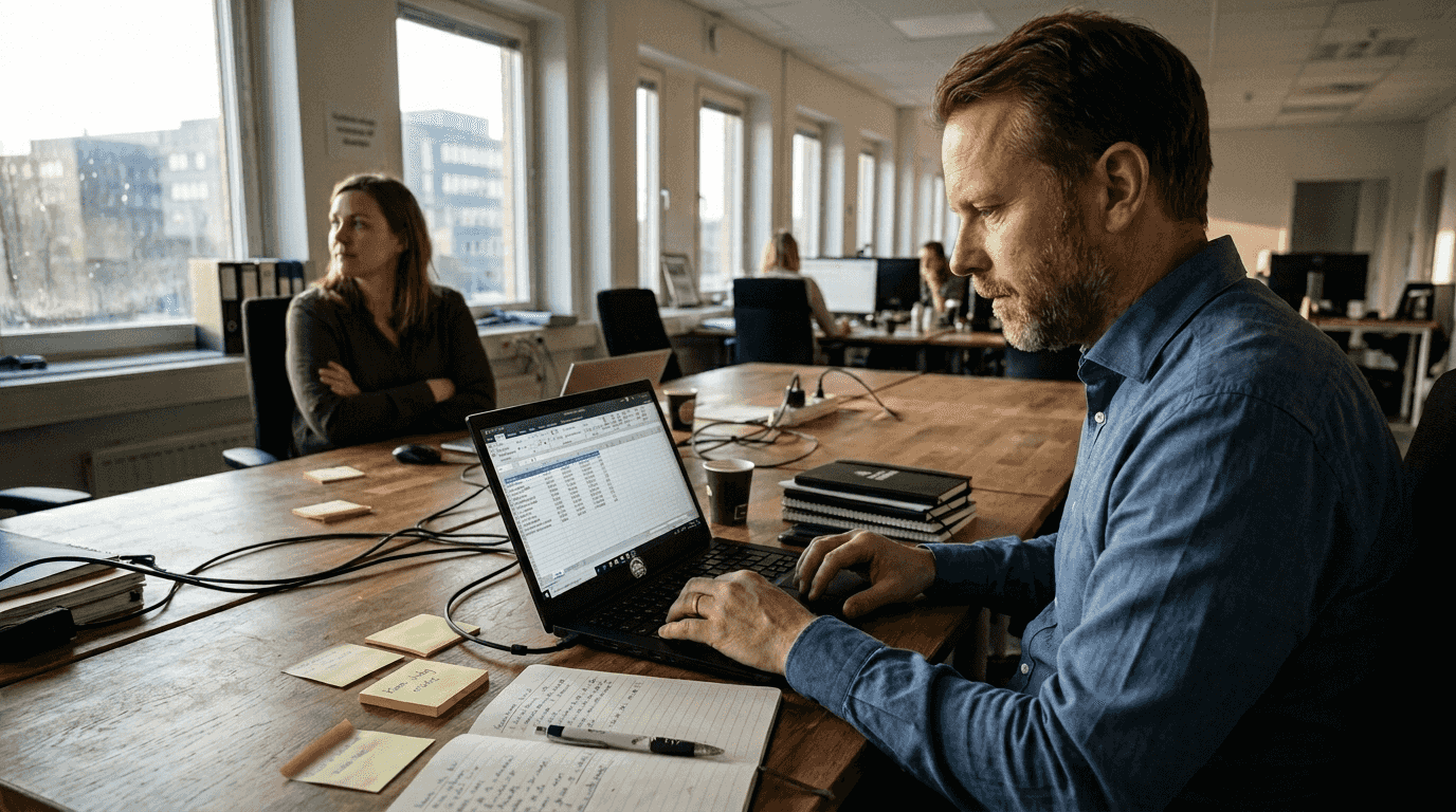 Vid konferensbordet går man igenom och diskuterar data tillsammans.