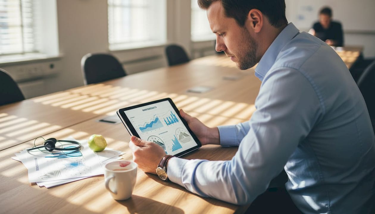 En analytiker granskar och tolkar statistikdiagram på kontoret.