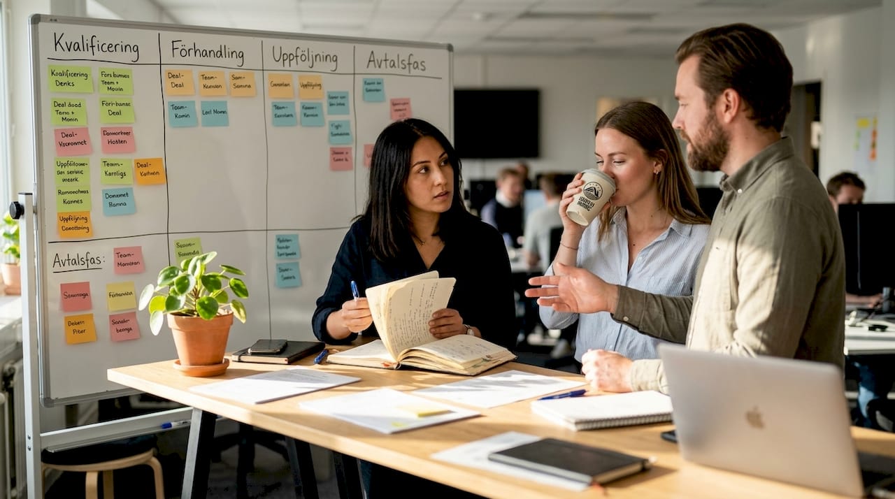 SaaS-säljteamet samlas vid whiteboarden för att bolla idéer och samarbeta kring strategier.