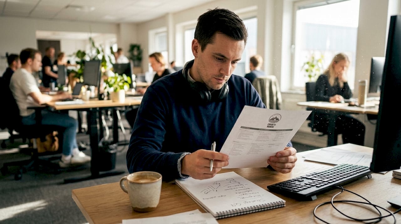 En content manager går igenom tryckplanen vid skrivbordet.