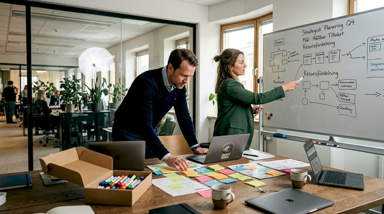 Ett team diskuterar och arbetar tillsammans runt ett konferensbord.