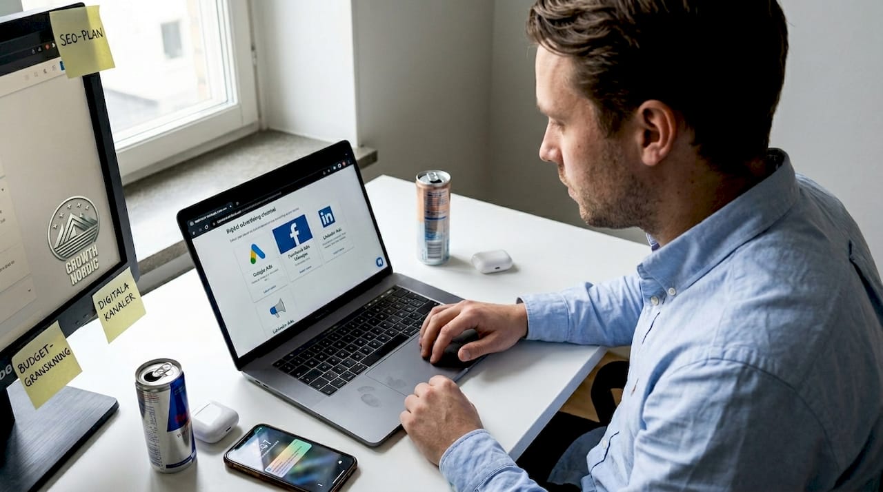 Marknadskoordinatorn väljer ut marknadsföringskanaler vid sitt skrivbord hemma.