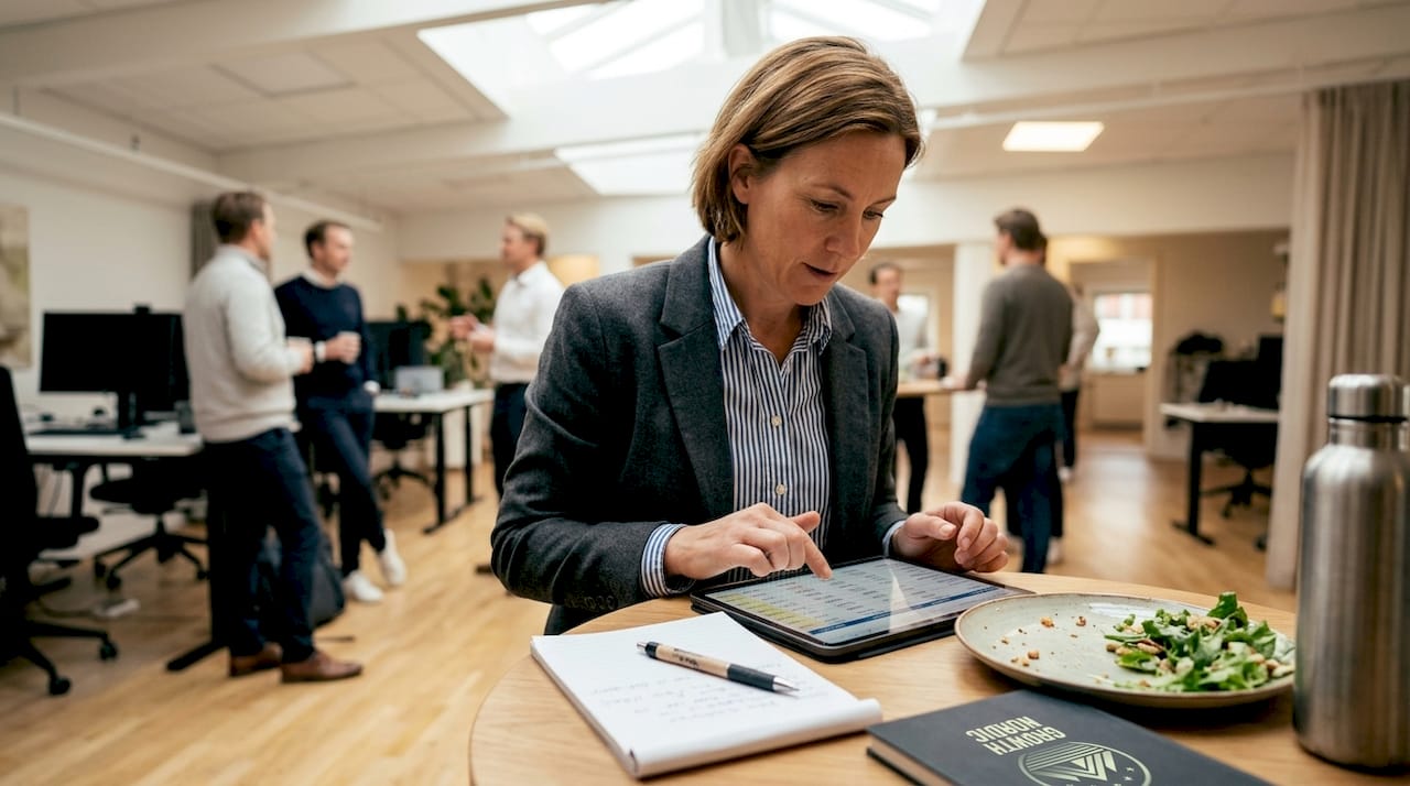 En kvinna passar på att gå igenom marknadsdata under lunchpausen.