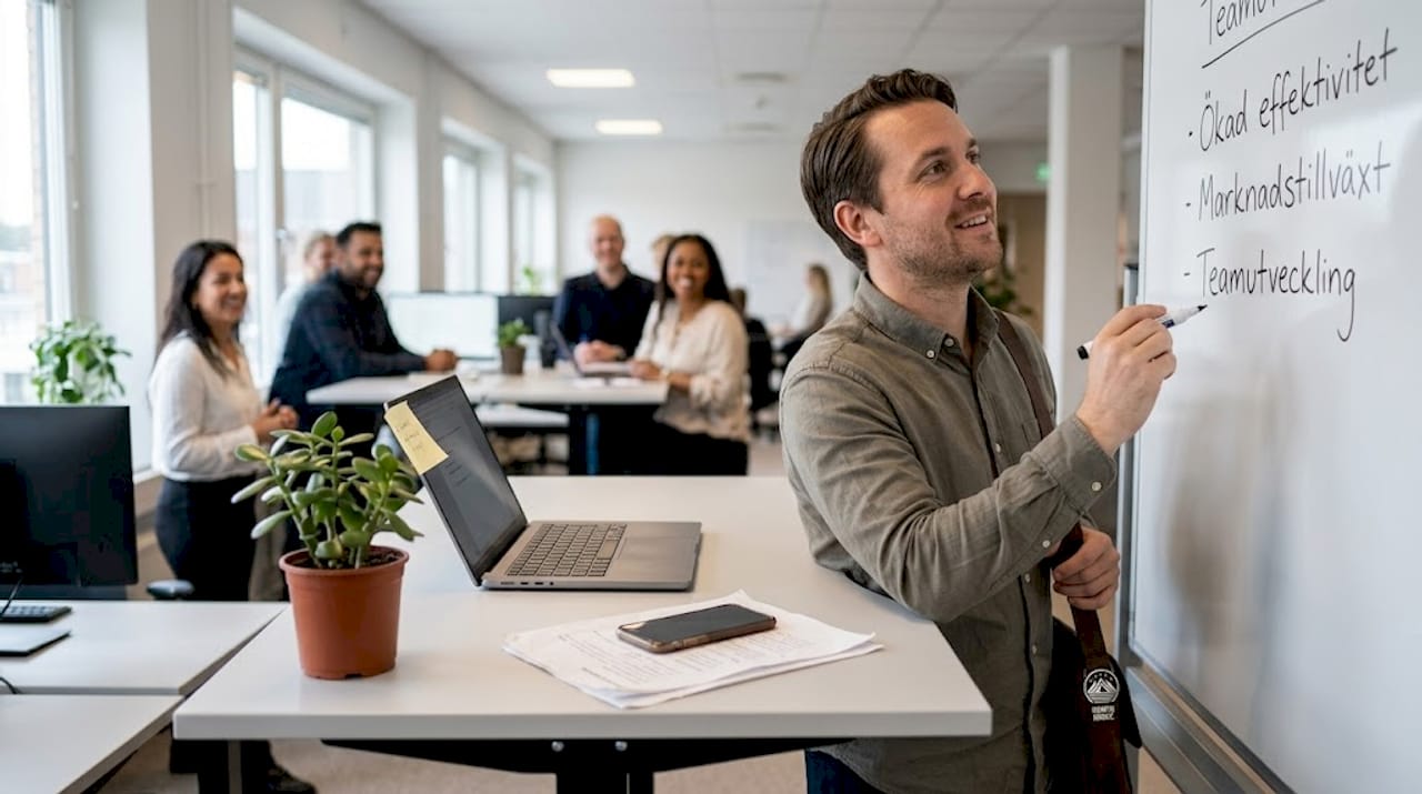 En chef står vid whiteboarden på kontoret och skissar upp företagets strategi.
