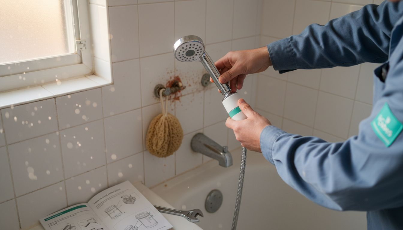 Hands installing filtered showerhead in bathroom