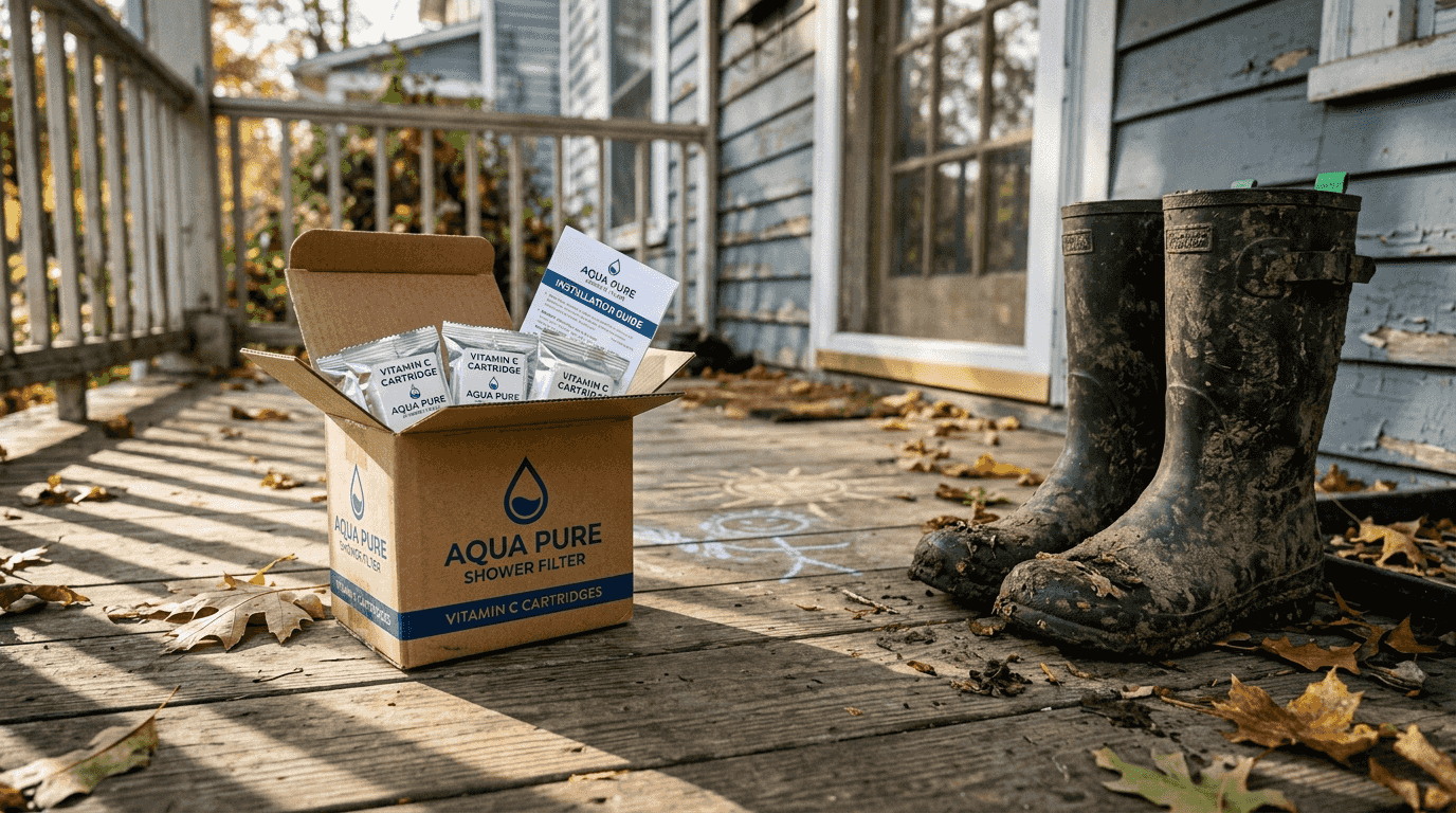 Subscription shower filter box on home porch