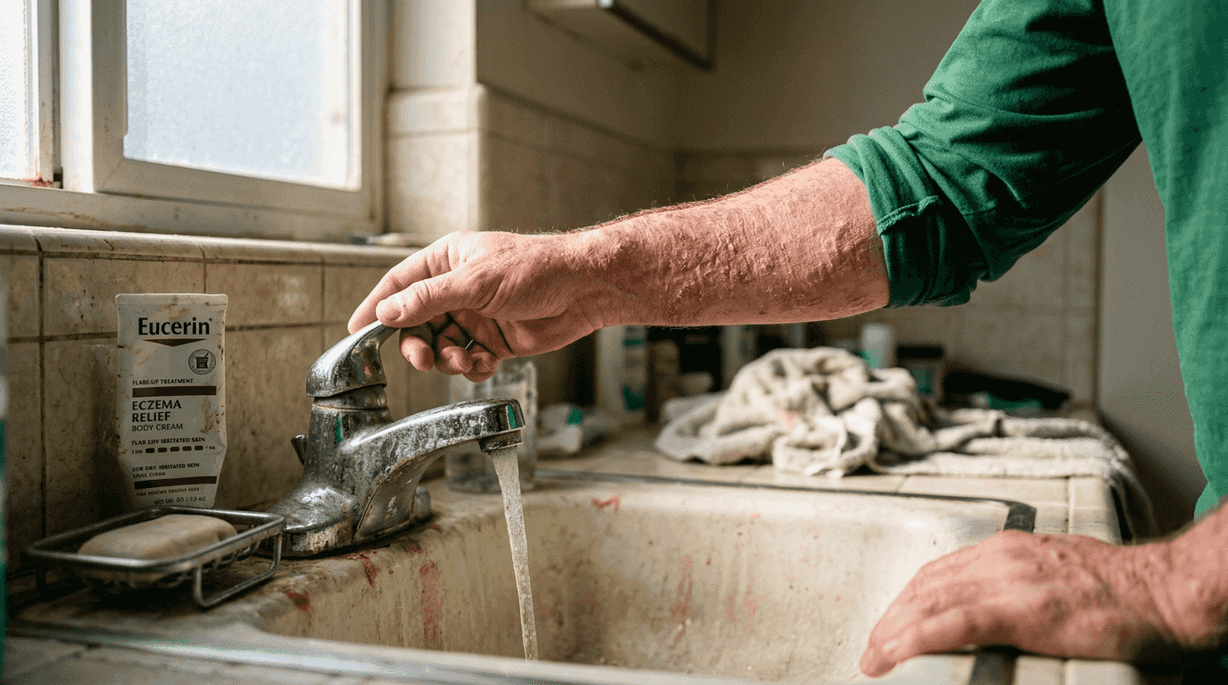 Dry skin symptoms near faucet with hard water