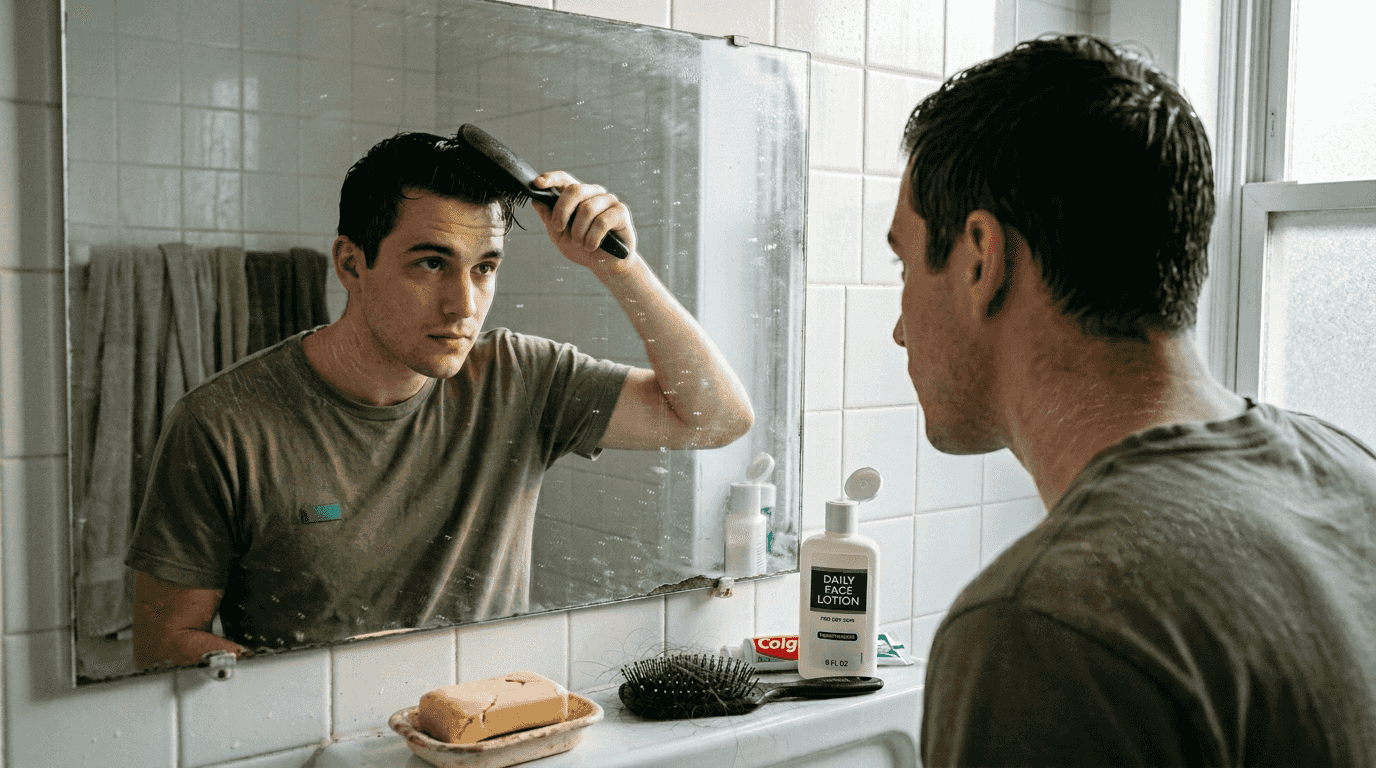 Young man with dry hair after hard water shower