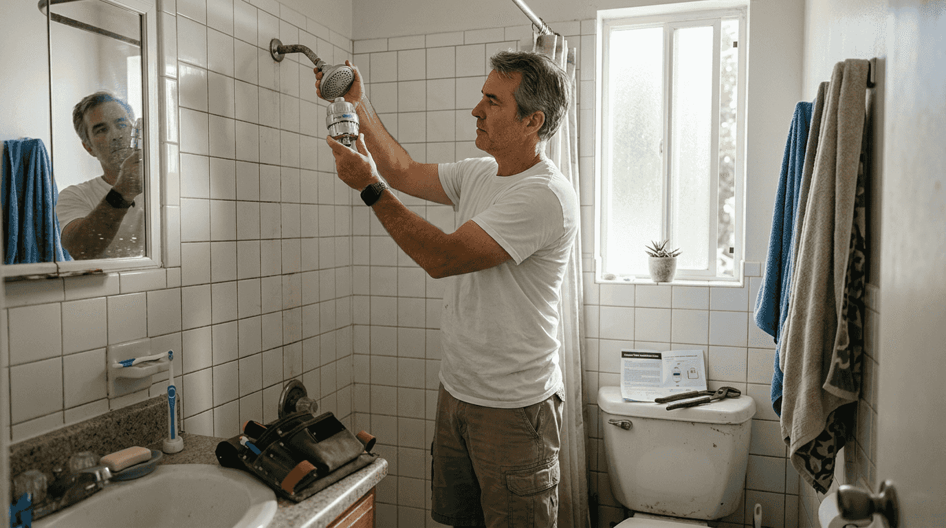 Man installs shower filter in home bathroom