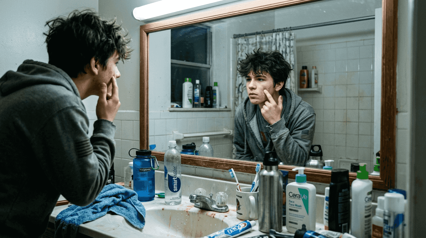 Teen inspecting skin affected by water