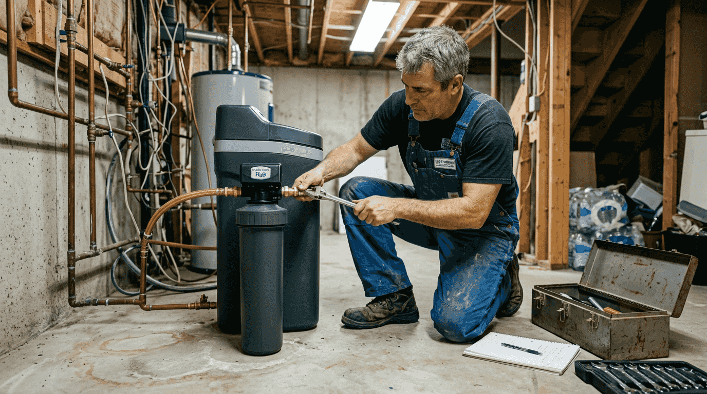 Plumber installing water softener in basement