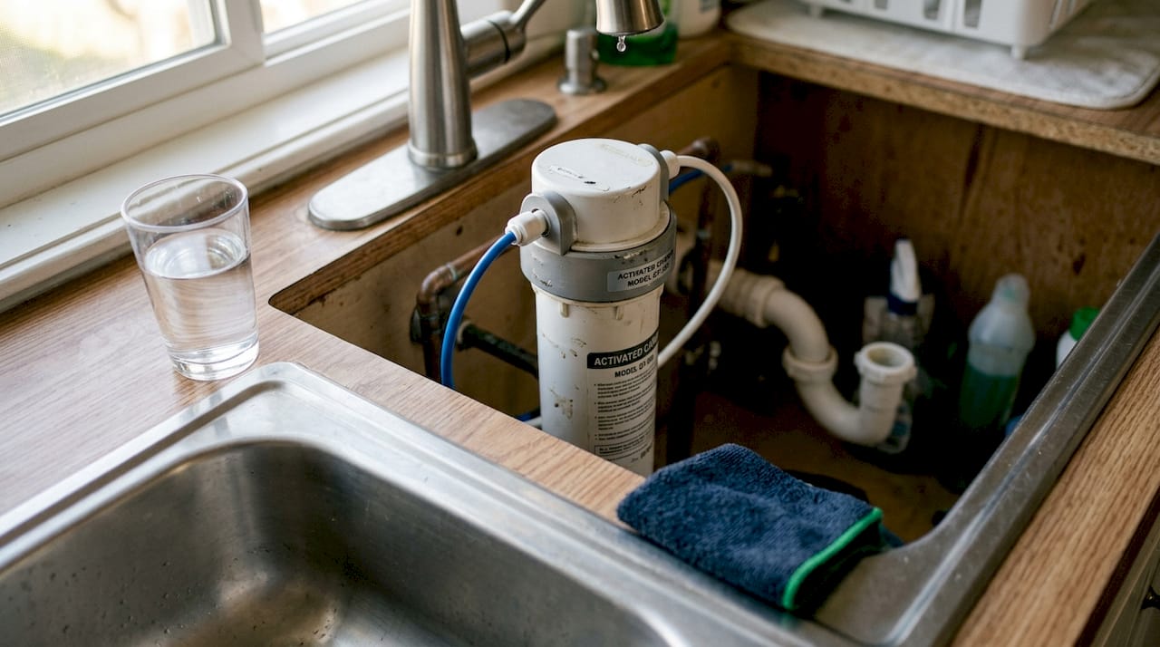 Carbon filter installed under kitchen sink