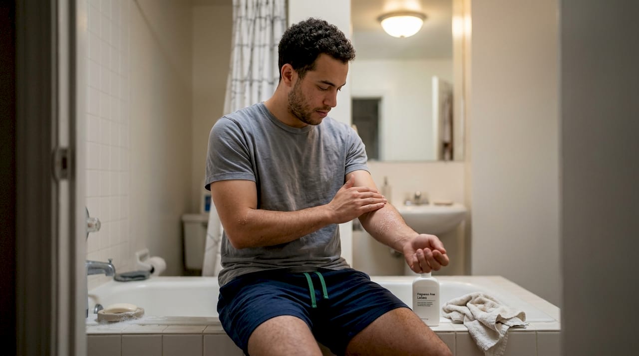 Man checks arm for dry skin after shower