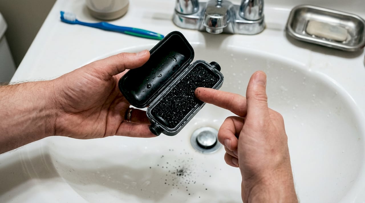 Hands holding opened carbon shower filter