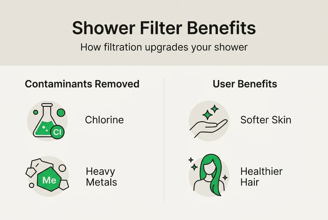 Infographic of shower water filter process and benefits