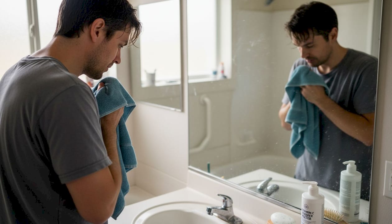 Man drying face after vitamin shower