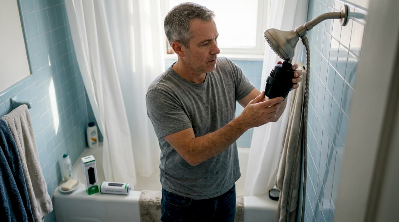 Man inspecting shower filter in bathroom