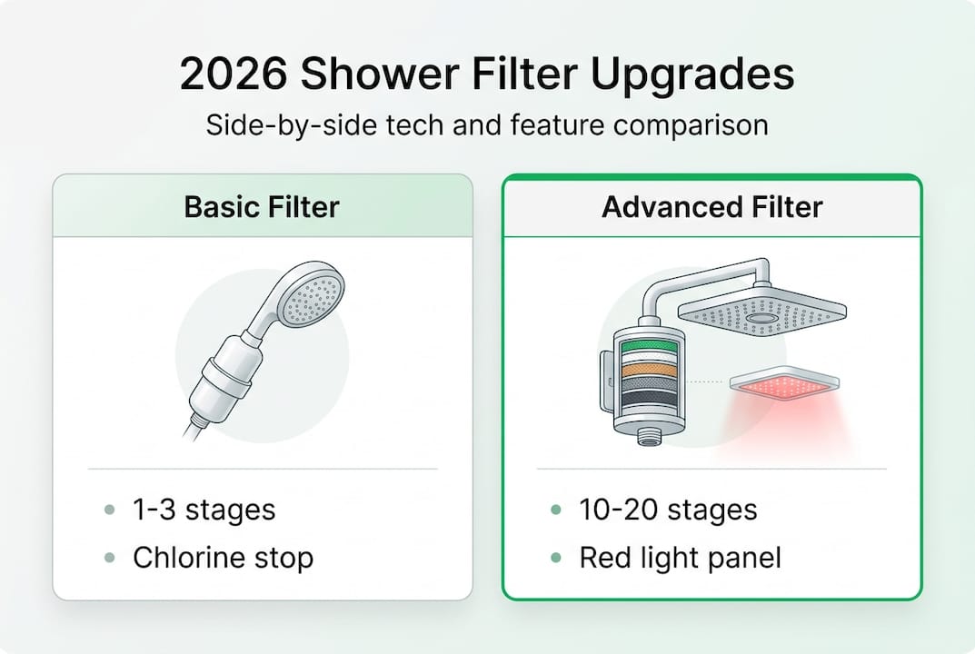 Infographic comparing basic and advanced shower filters