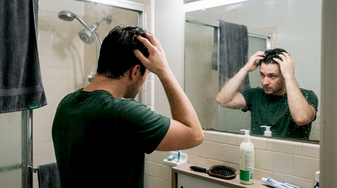 Man caring for hair after filtered shower