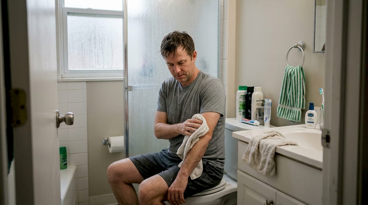 Man drying skin after shower in apartment bathroom