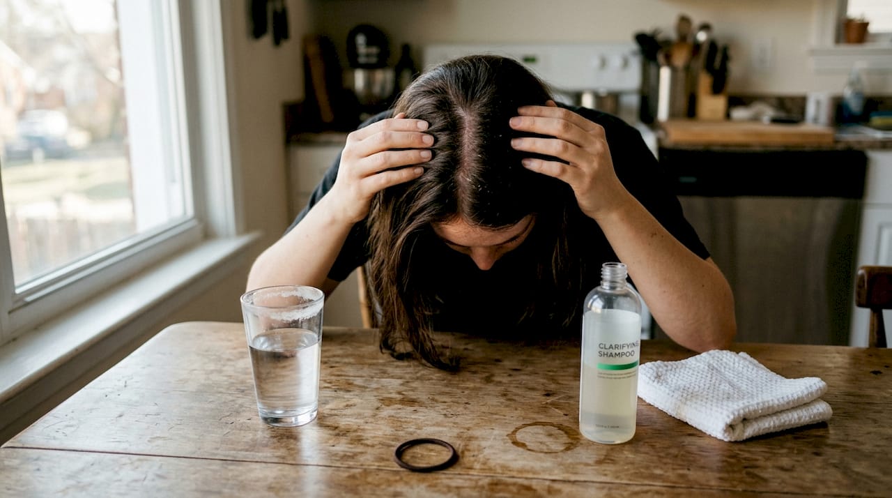 Hands parting hair to show scalp buildup