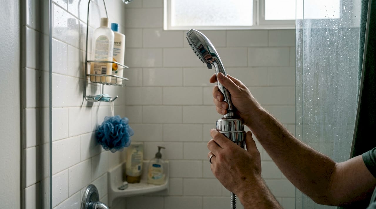 Hands installing shower filter under bathroom light