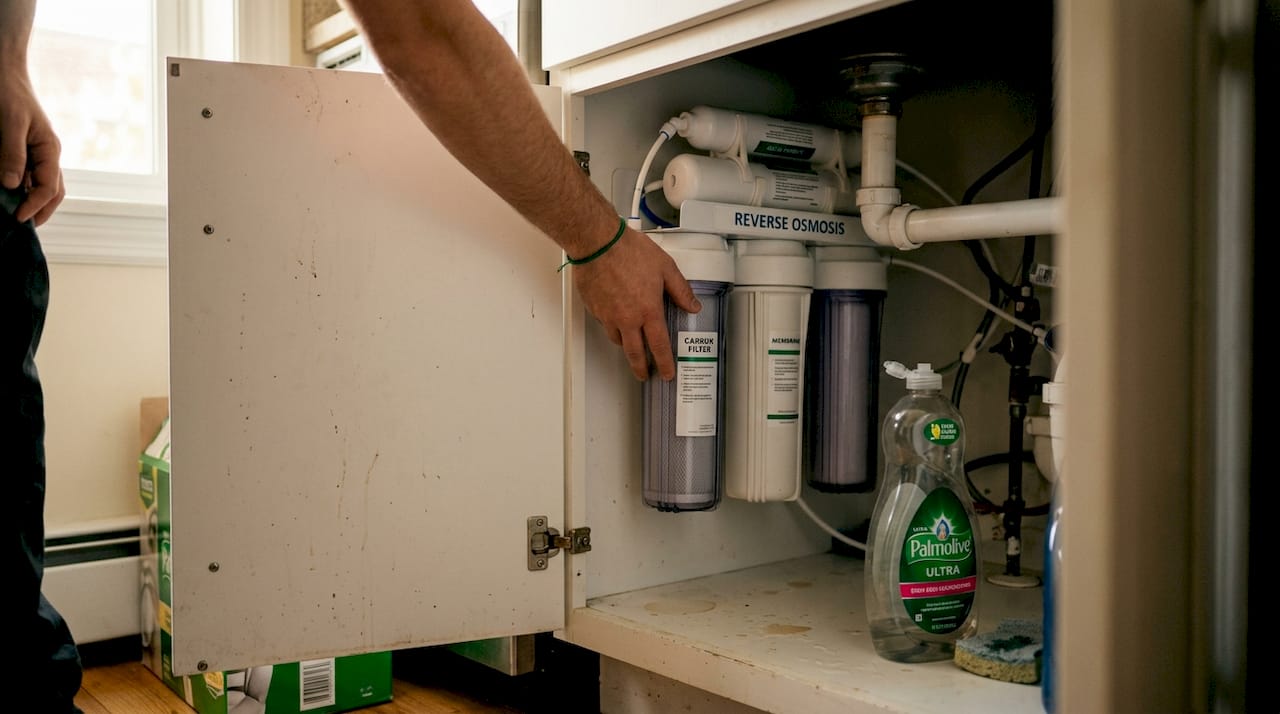Hand checking under-sink water filtration system